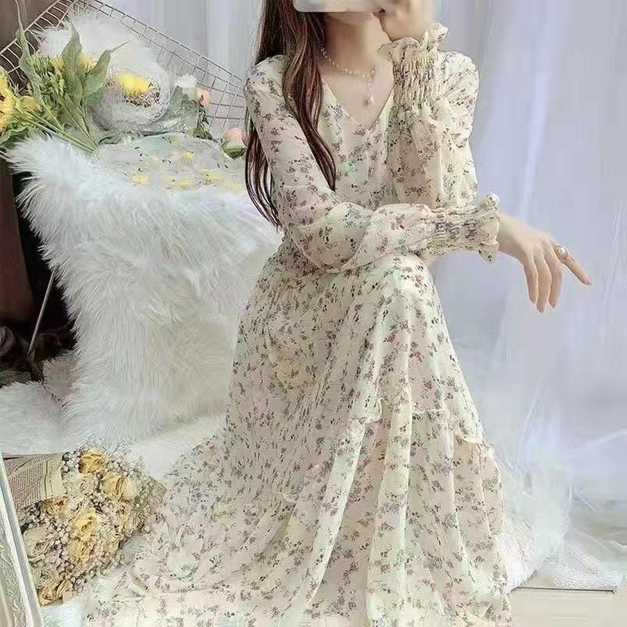 New Spring/Autumn Long Sleeve Waist Slimming High Waist Display High-Waisted Floral Chiffon Dress Long Dress