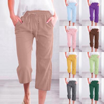 Women's Solid Color Drawstring Cotton And Linen Casual Loose Straight Pocket Home Cropped Pants