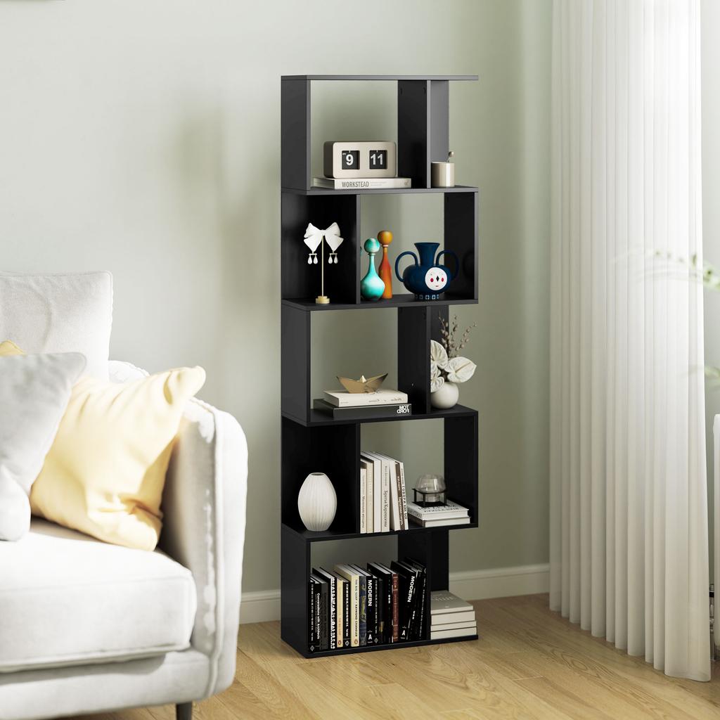Wooden Bookcase with 5 Shelves Modern Design In Wood, 60x24x184.5 Cm, Black