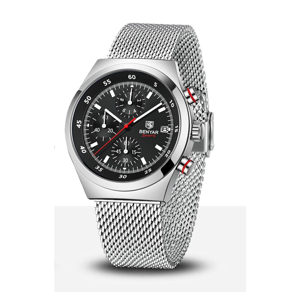 BENYAR 5200 Men's Multi Functional Timing Quartz Watch Calendar Night Light Waterproof Stainless Steel Watches for Man