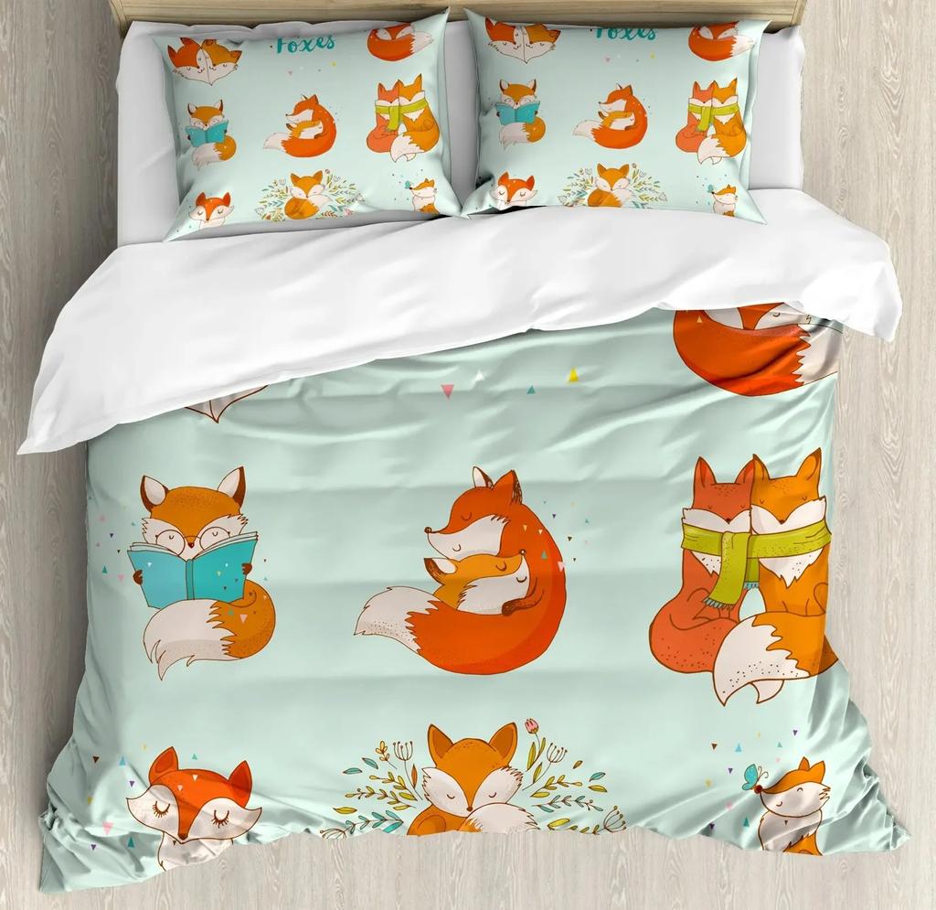 Girls Cartoon Fox Duvet Cover Set Cute Fox Bedding Set Kawaii Animals Comforter Cover Botanical Floral Bedspread Cover Full Size