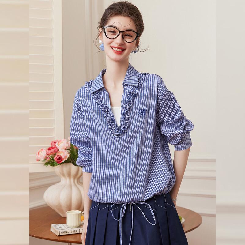 Elegant Tie-Embroidered Plaid Blouse L