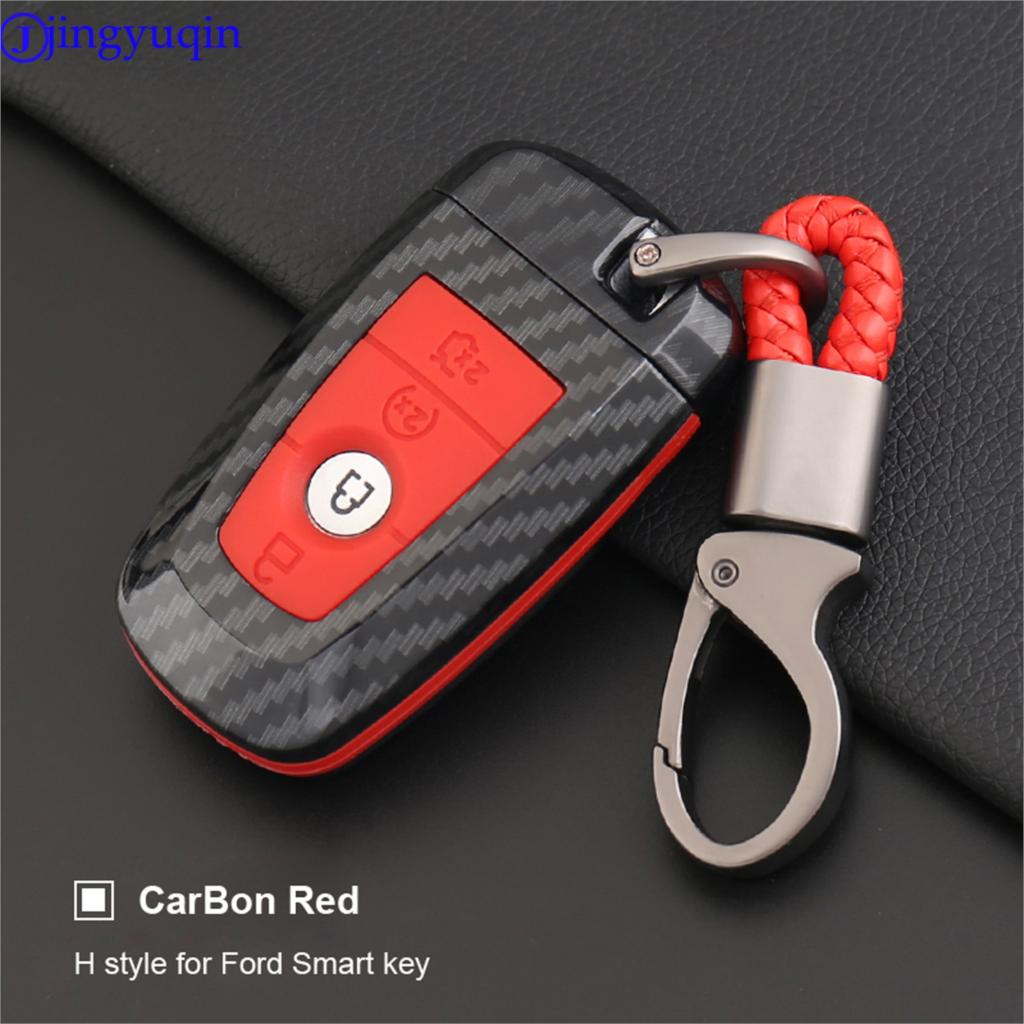 Jingyuqin 4B Carbon Fiber Silicone Key Case Cover for Ford Fusion Mustang Explorer F-150 F-250 F-350 2017 2018 Smart Key