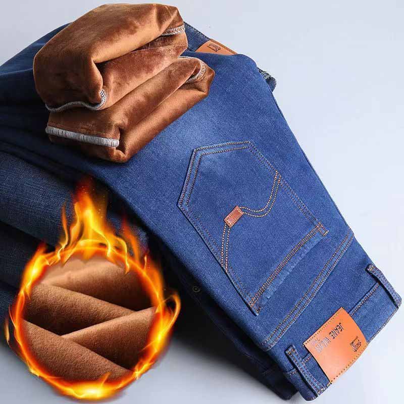 Winter Men's Warm Fleece Jeans Men Business Thicken Denim Trousers Stretch Slim Fit Pants Plus Size 28-40