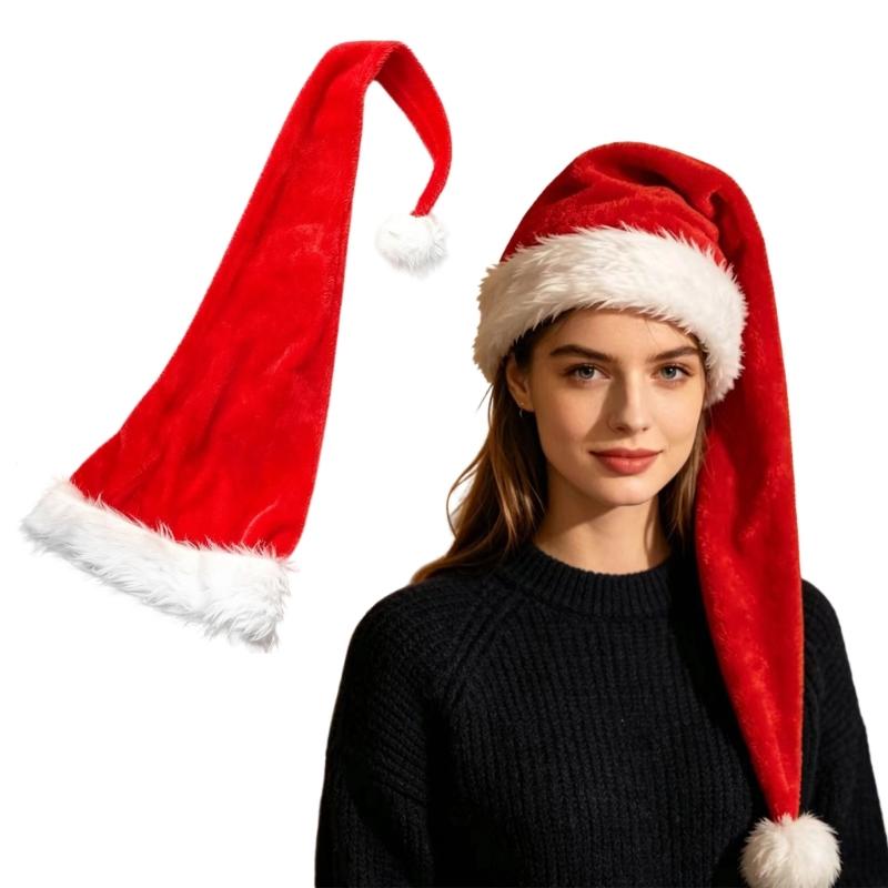 Red Santa Hat with Extended Drooping Shape, Smooth Short-Pile Fabric and White Trim for Holiday Gatherings and Costumes