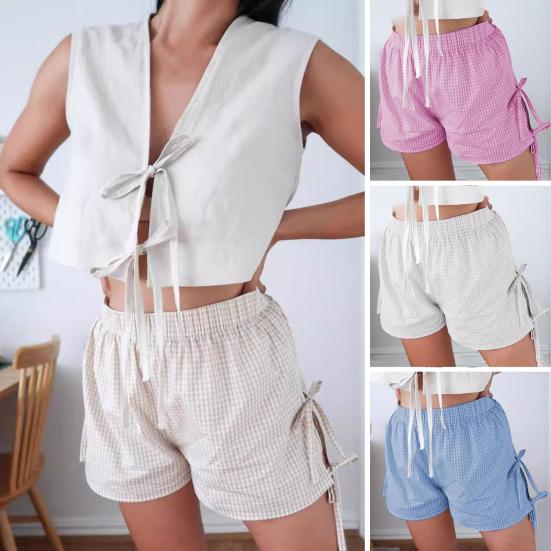 

Женские летние шорты в клетку с высокой эластичной резинкой на талии и бантом в стиле ретро, ​​свободные брюки длиной выше колена, повседневная спортивная домашняя одежда, короткие брюки