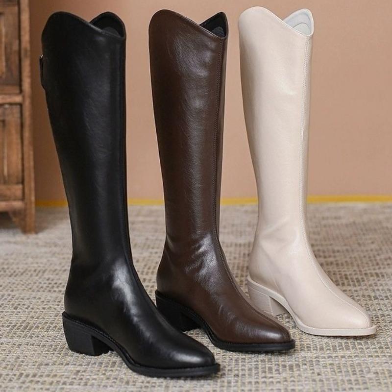 Fashion Warm Elegant Heeled Pointed Toe Knee High Shaft Shoes Woman Demi-season Waterproof New in Comfortable Pu 39 Long Boots for Women
