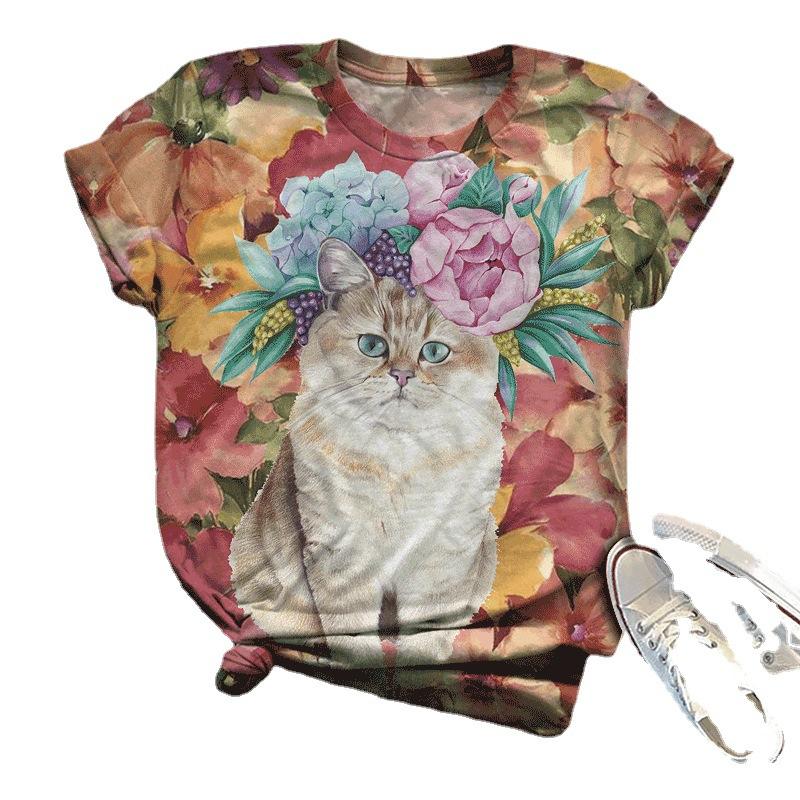 Summer New Urban Women's Casual Round Neck 3D Printed Short Sleeved Loose Retro T-shirt