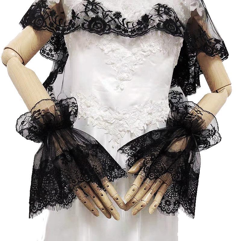 Lace Trumpet Sleeves Lolita Costume Gloves for Halloween Anime - Black Mesh
