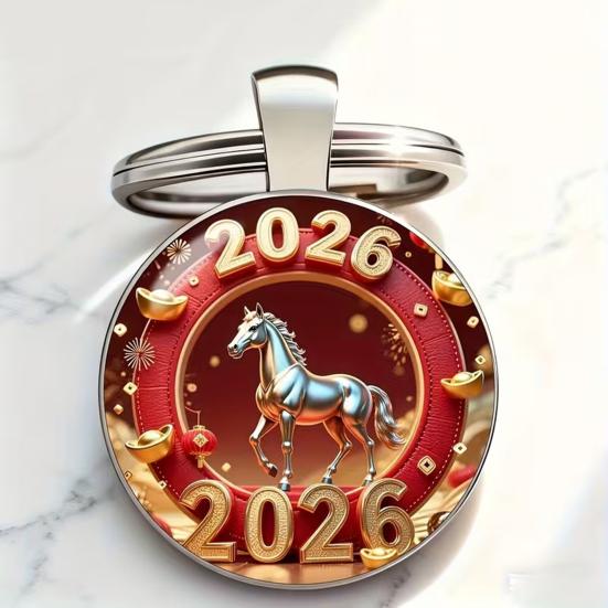 2026 Horse Pattern Keychain 2D Flat Round Metal Pendant for Car Keys Bag Decoration Shin Gift
