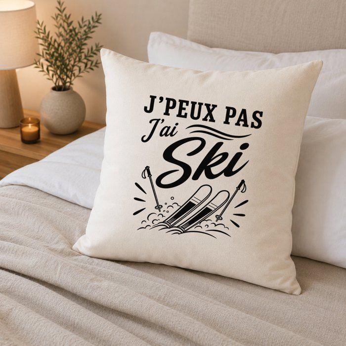 Housse de Coussin J’peux pas j’ai Ski J'peux pas minimaliste | Coton Canvas Fairtrade 305 g/m² Zip Invisible Taille 50×50 cm | Déco
