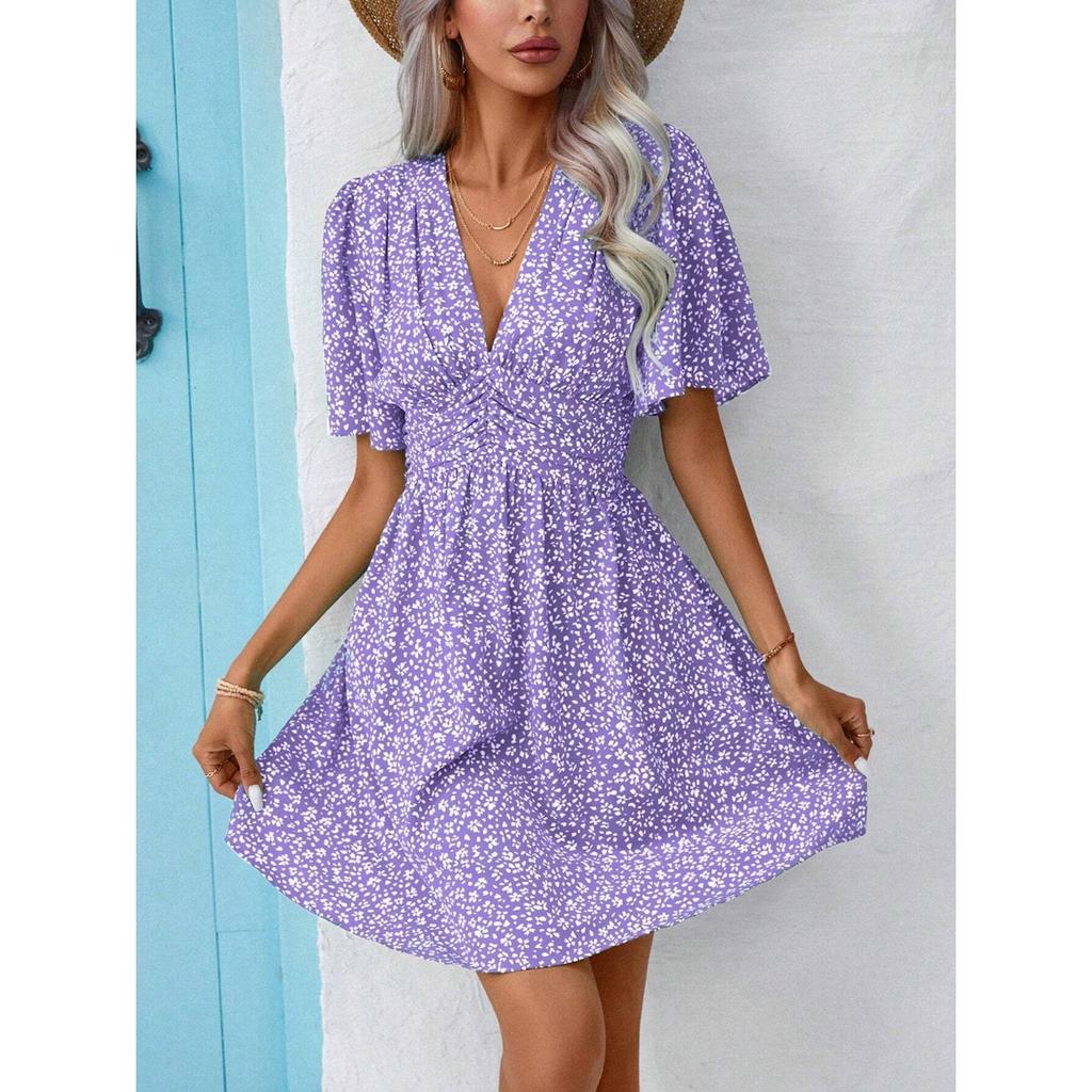 IHUASU Women's Summer V-neck Mid-sleeve Printed High-waisted Floral Pleat Dress