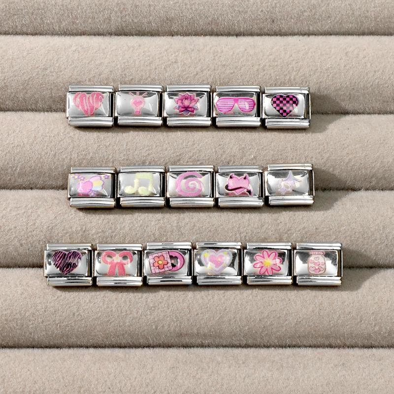 Sweet DIY Making Pink Y2K Italian Charm Bracelet Flowers Lips Bow Heart Eyes Music Bead Fit 9mm Stainless Steel Fashion Jewelry