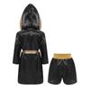 Kids Boxing Costume Set Satin Hooded Robe with Belt & Sequin Shorts Metallic Trim Letter Print