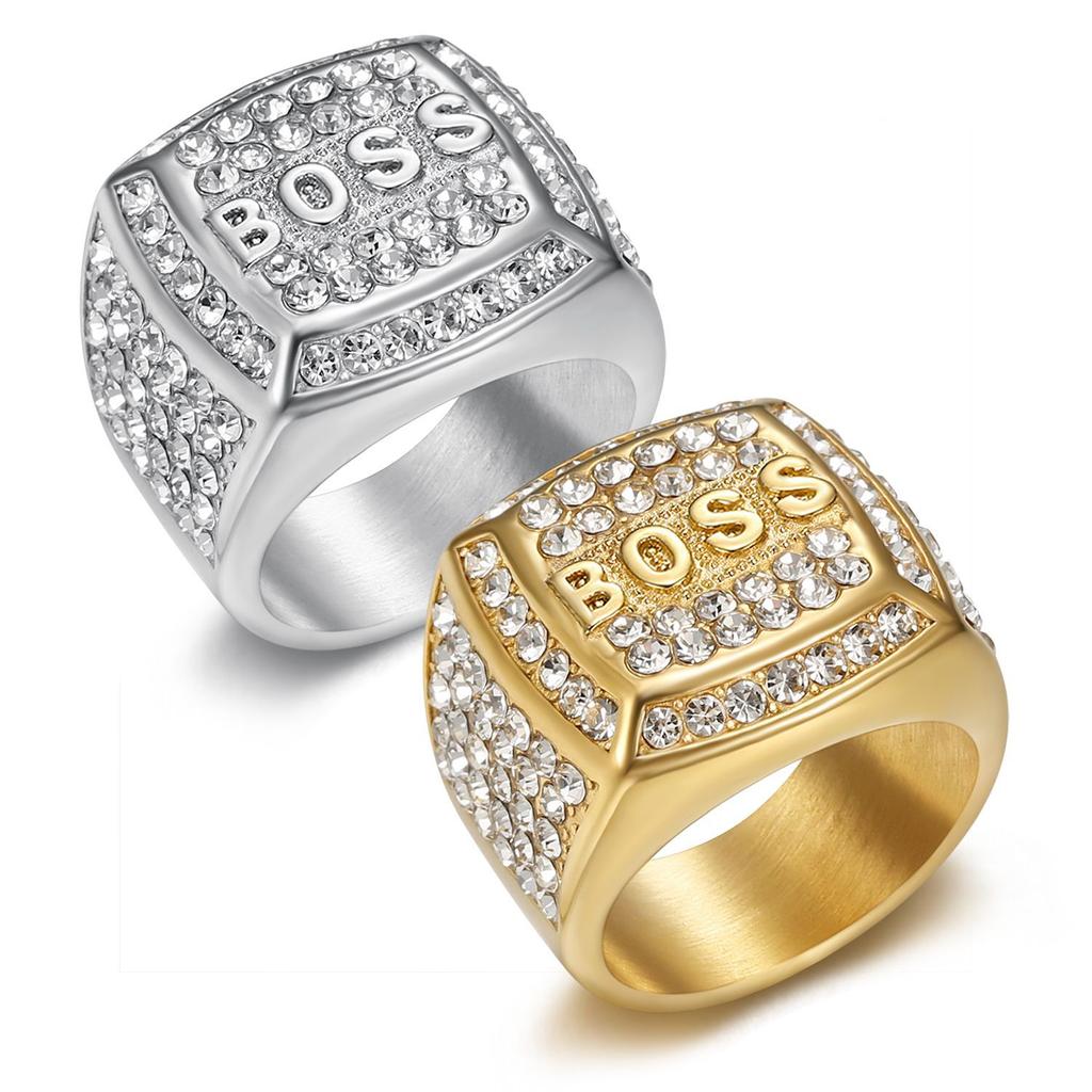 Ring ny hiphop-ring diamant firkantet BOSS-bokstav herrering