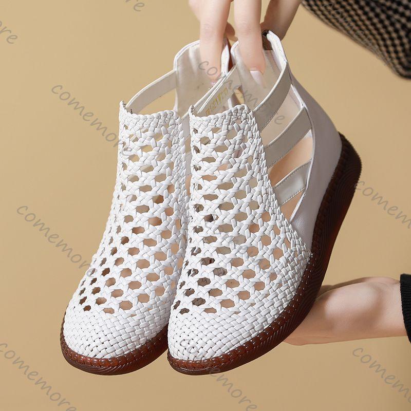 Comemore Round Toe Thick Sole Sneakers Sandals Women Summer 2025 Hollow Out Casual Roman Style Sandales Back Zip Vulcanize Shoes