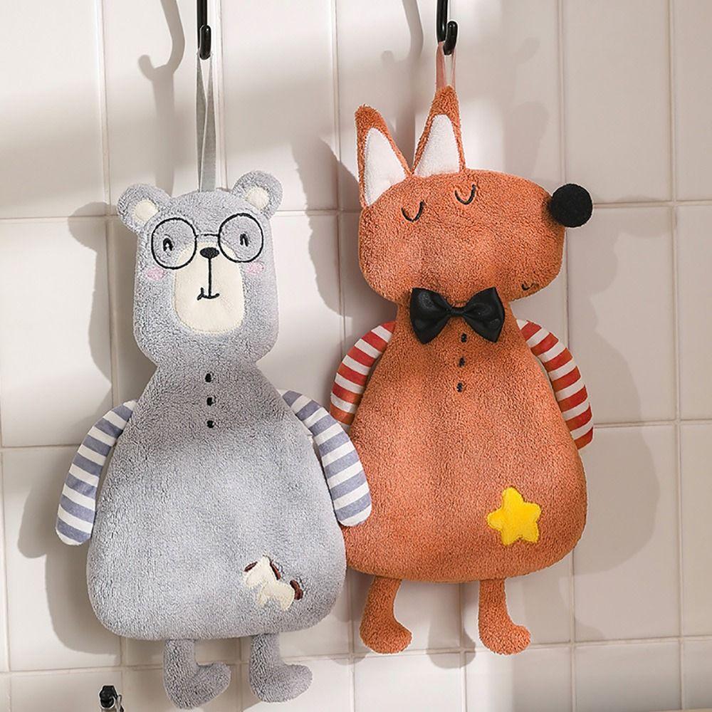 Cartoon Animal Hanging Hand Towels Coral Fleece Bathroom Towel Creative Kitchen Towel  Kitchen