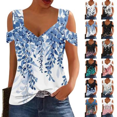 Damen Casual Tops Trägerloses Kurzarm-T-Shirt mit V-Ausschnitt Bedruckte Oberteile