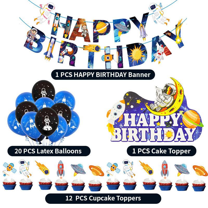 Party Astronaut Birthday Set Paper Flag Decor Latex Balloons Ribbons Theme Space