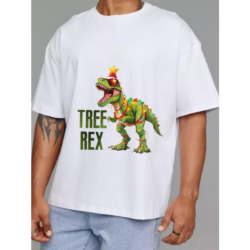 Rundhals T-Shirt Weiß Baum Rex Dinosaurier Weihnachtsdesign Feiertagsparty Freizeitkleidung