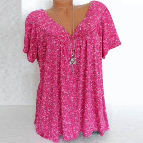 Plus Size Casual Summer Women Flower Print V Neck Short Sleeve Loose T-Shirt Top