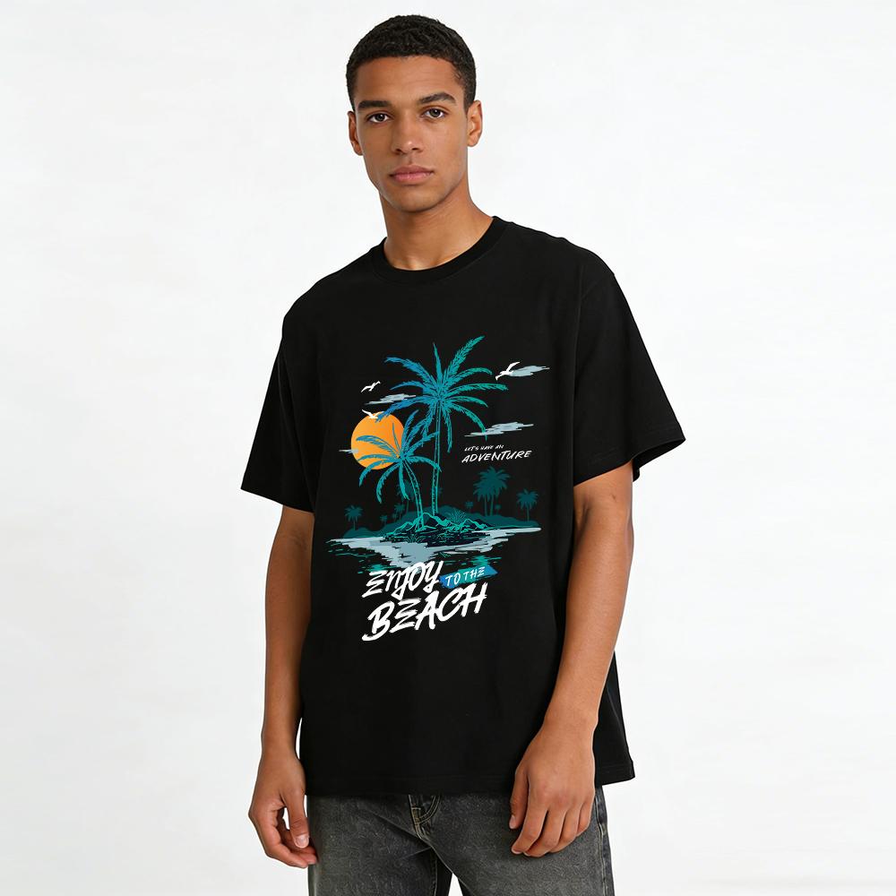 Tropical Island Coconut Tree Sunset Vacation Printed Casual T-Shirt Pure Cotton T-shirt