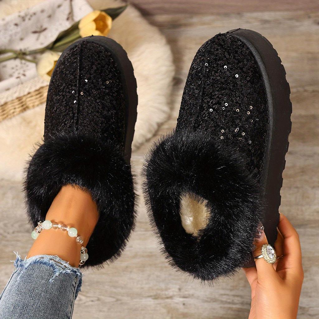 2025 Autumn and Winter New Women's Thick Sole Thickened Plush Snow Boots Sequins