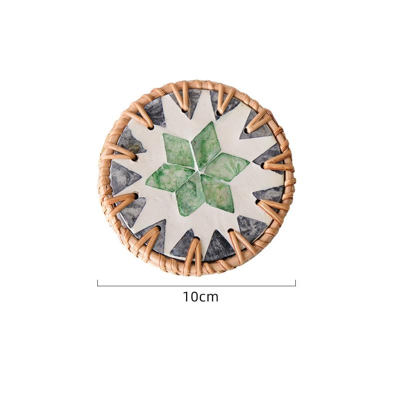 Rattan Shell Coaster Ceramic Heatproof Tea Mat Handwoven Shell Table Mat Decorative Round Coaster Nordic Style