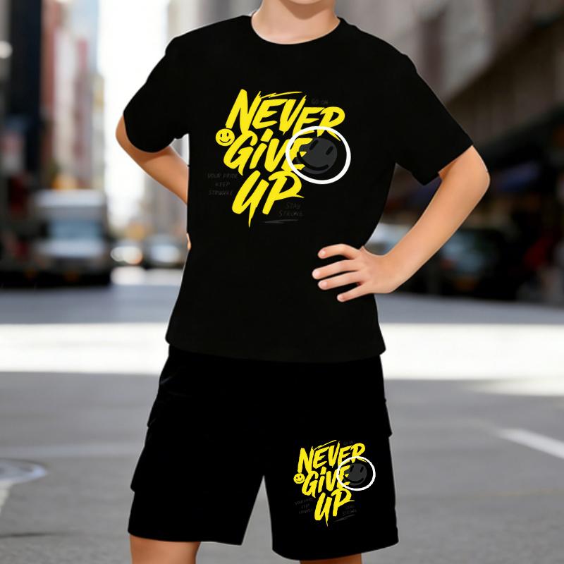 

Boys 2 Piece Never Give Up Printed Outfit, Short Sleeve T-Shirt and Shorts Set for Kids Age 5-14,White Sporty Casual Summer Clothes 5-6 Years чёрный