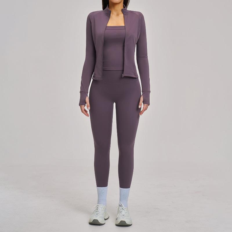 Fitness suit, polished zipper, casual suit, women's outdoor cycling, running sports three-piece set