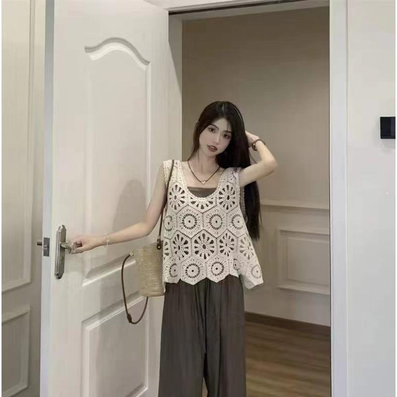 T-Shirt Women Knitting Lace Vest O-Neck Hollow Summer Style Basic Tops Tees Loose Clothing