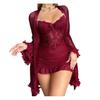 Women's 2 Piece Mesh Pajamas Set, Lace Cami Nightgown with Kimono Robe Nightwear Set, Babydoll Chemise Sheer Sleepwear