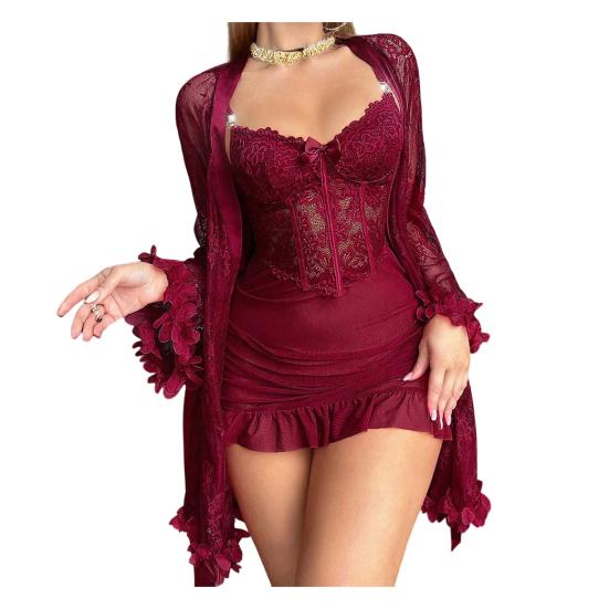 Women's 2 Piece Mesh Pajamas Set, Lace Cami Nightgown with Kimono Robe Nightwear Set, Babydoll Chemise Sheer Sleepwear