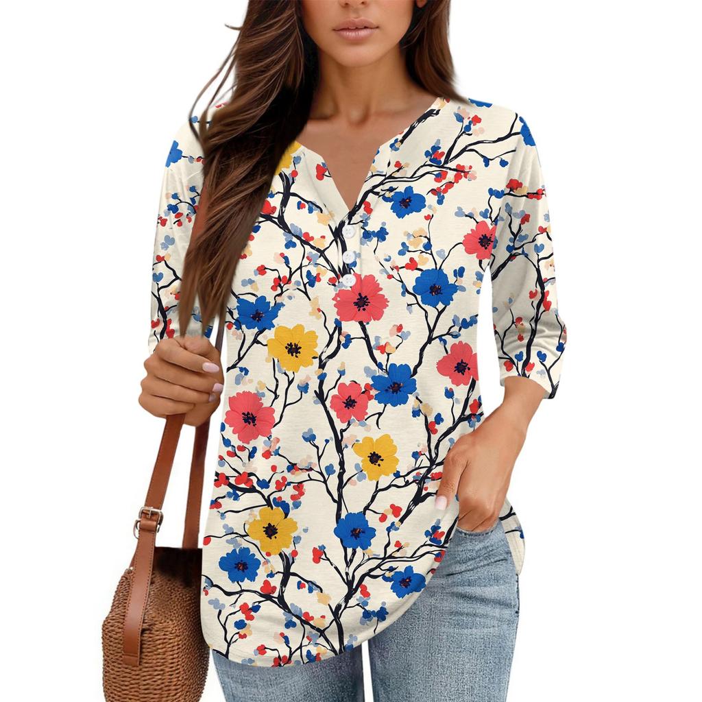 Damen V-Ausschnitt Freizeit Dreiviertelarm Knopf-Detail Top mit Blumenmuster