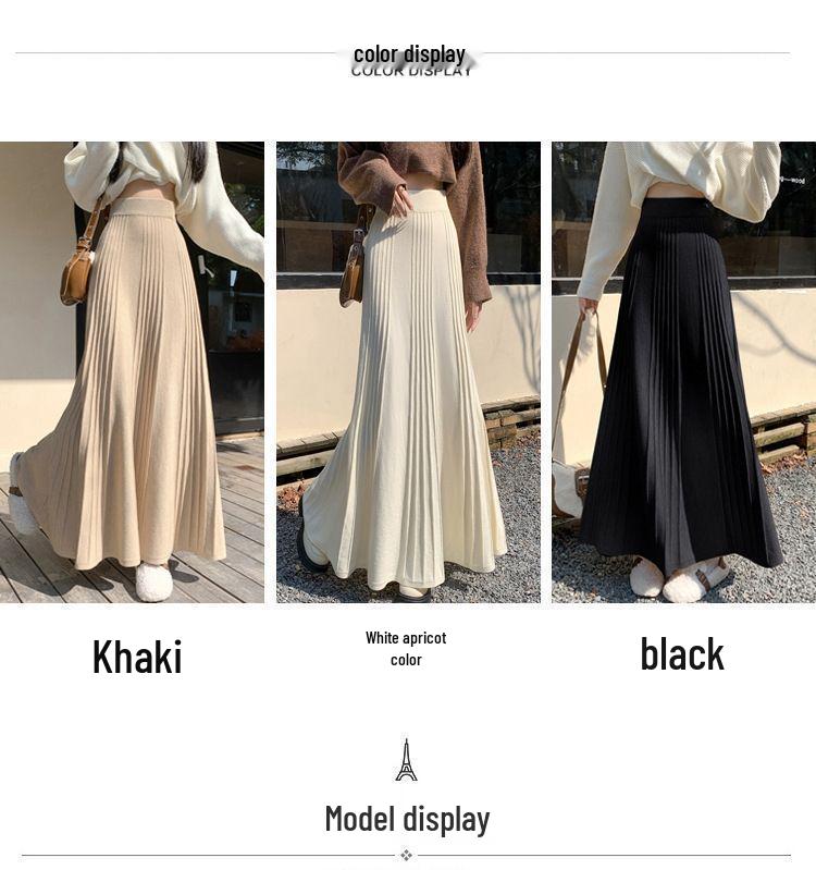 Eleganter Falten-A-Linien-Regenschirmrock mit hoher Taille, französisch-koreanischer Stil, für Herbst & Winter