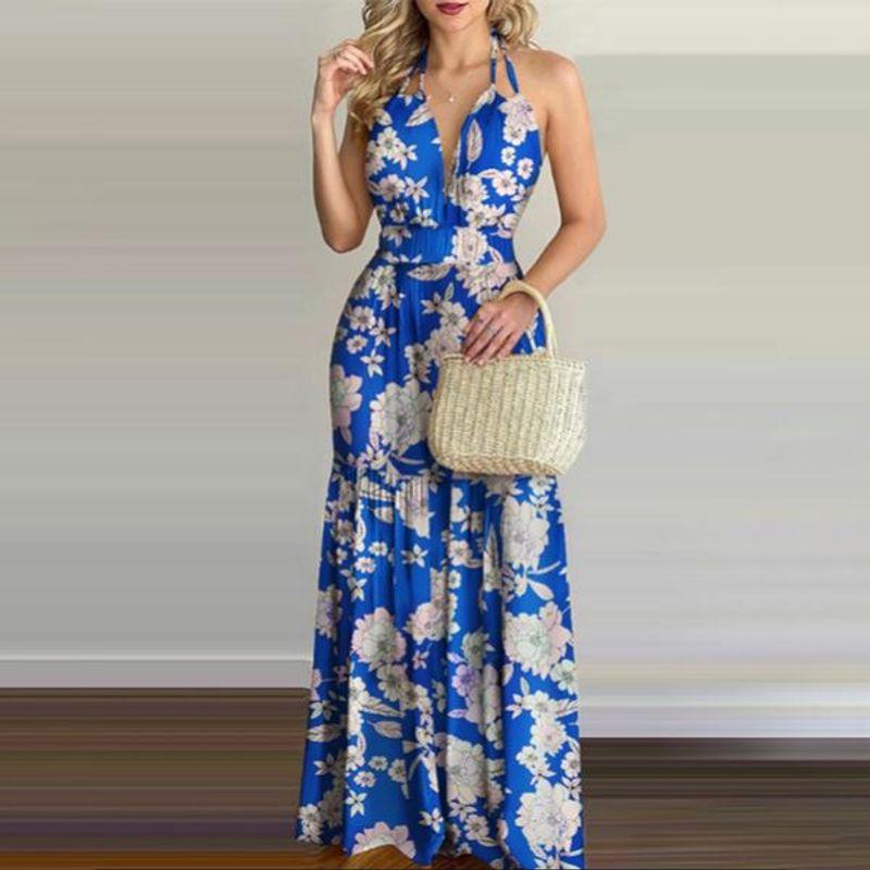 

European and American-Style Printed Backless Maxi Dress Blue L