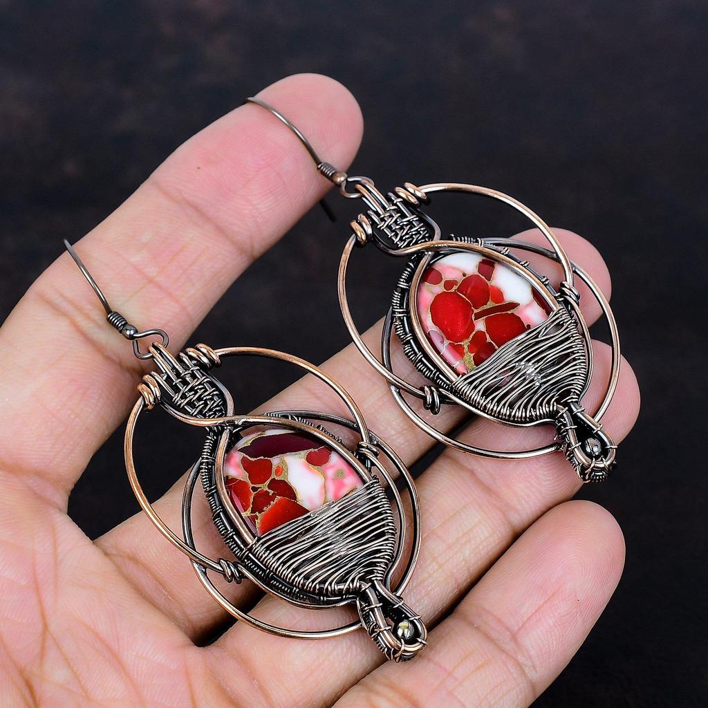Kingman Red Mohave Copper Turquoise Earring Copper Wire Wrapped Earring Gemstone Handmade Earring Copper Wire Jewelry Designer Drop Earrings