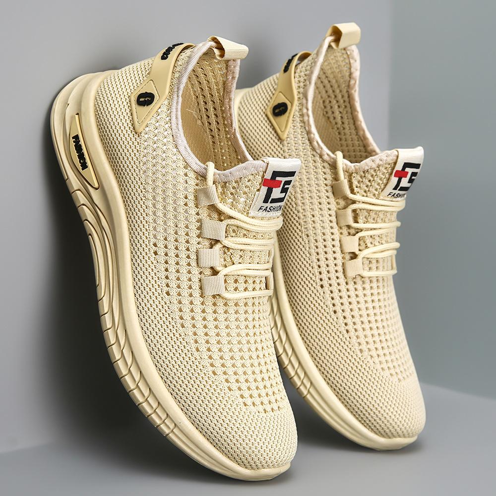 

2025 spring and summer hollow breathable casual shoes mesh large size men s shoes soft sole simple sports shoes mesh shoes 44 бежевий