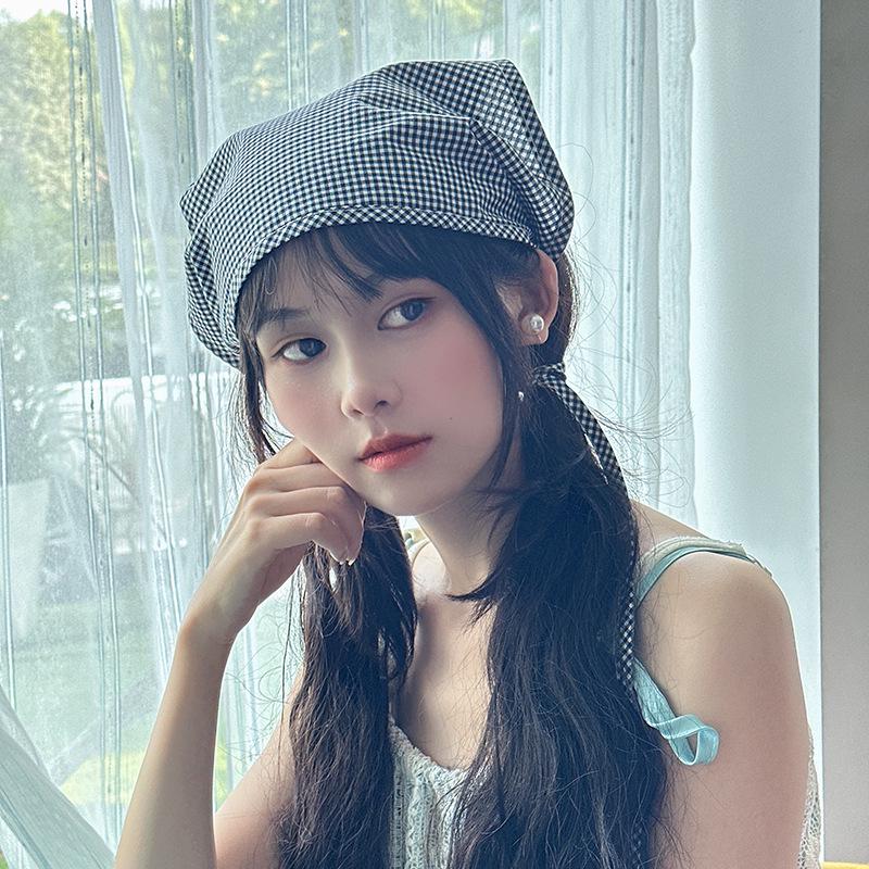 Luochi French Retro Plaid Triangle Headscarf Hair Tie - Trendy Small Silk Scarf for Vacation Photos