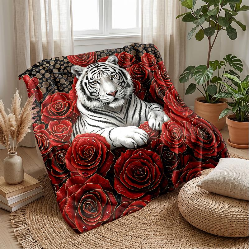 Tiger Amidst Floral Splendor Theme Blanket Lightweight Warm Flannel Blanket Decorative Throw Blanket for Home Decoration