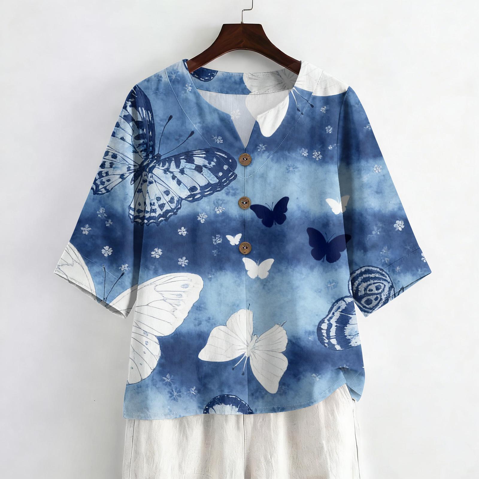 

Женская летняя модная блузка с V-образным вырезом и рукавами 3/4, повседневная свободная блузка с цветочным принтом S синий