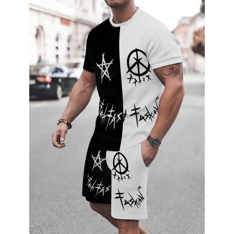 Men's Summer Casual Two-Piece Set Y Letter Print T-Shirt & Shorts Breathable Outdoor Leisure Outfit for Beach/Vacation
