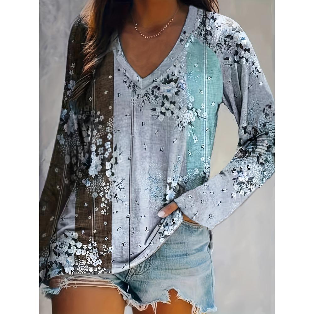 

Casual T-shirt for Women, Color Blocked Floral Print Long Sleeved V-neck 5XL