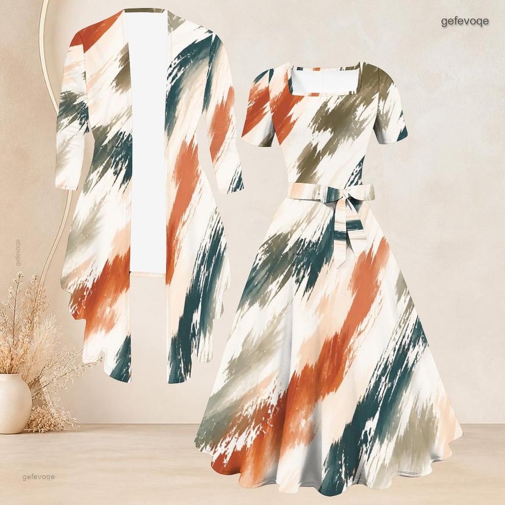 Women Plus Size Two Piece Set Square Neck Short Sleeve Tie Waist Flared Dress And Mid Sleeve Printed Cardigan Blue Gold