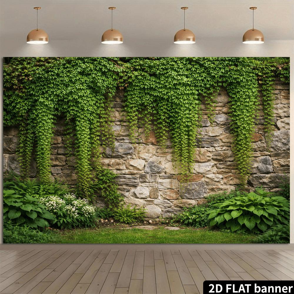 2D Planar Natural Wind Stone Wall with Climbing Vine Background Fabric, Lush and Dense