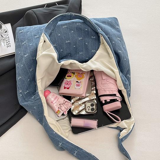 Denim Bow Large Capacity Vest Bag Female Student Book Handbag One Shoulder Large Capacity Shopping Bag Fashion