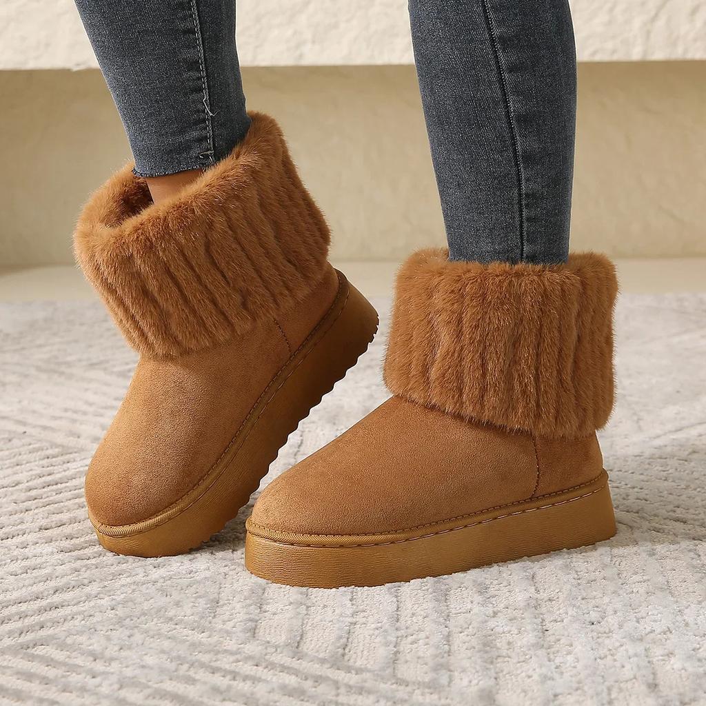 Inverno Donna Breve Peluche Stivali da neve caldi Scarpe casual Nuova pelliccia scamosciata Chelsea Stivaletti Appartamenti Piattaforma Scarpe da donna Botas