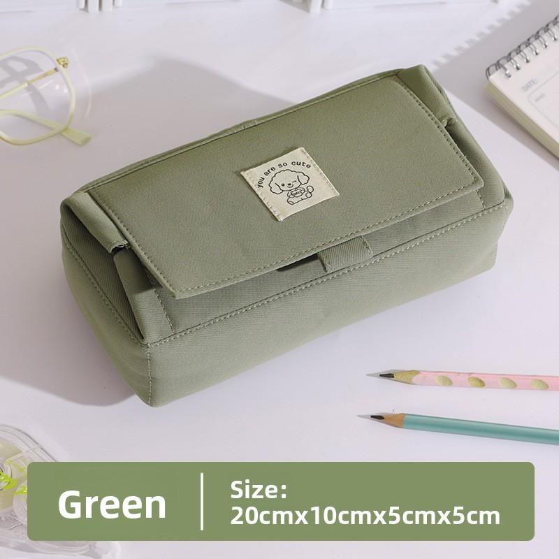 Canvas Double Layer Pencil Case With Large Capacity And Magic Tape For Students