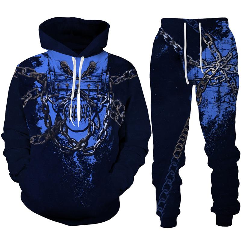 Felpa con cappuccio/tuta con stampa 3D con tatuaggio teschio gotico, moda uomo, motociclista, abbigliamento sportivo, felpa con grafica accattivante + pantaloni