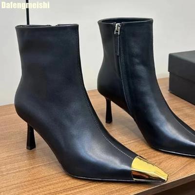 Kovové Kotníkové Boty se Čtvercovou Špičkou pro Ženy 2025 Nové Podzimní Zimní Plus Samet Pravá Kůže Sexy Vysoké Podpatky Stiletto Kozačky